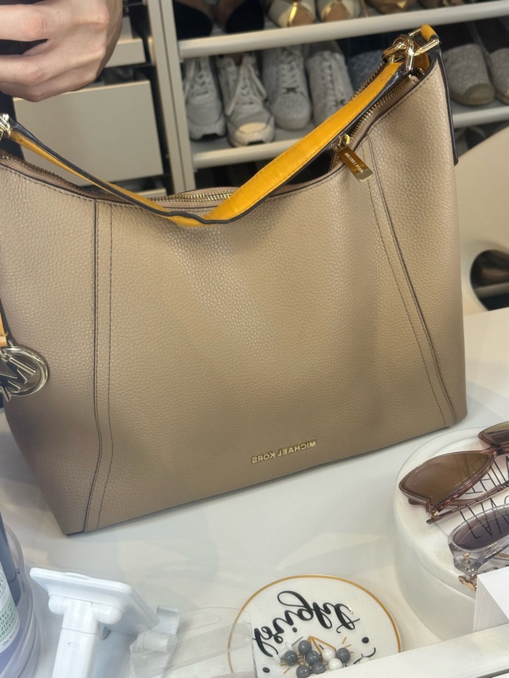 2x$80- Michael Kors Taupe Leather Shoulder Bag with yellow and Gold Accents - Picture 2 of 13